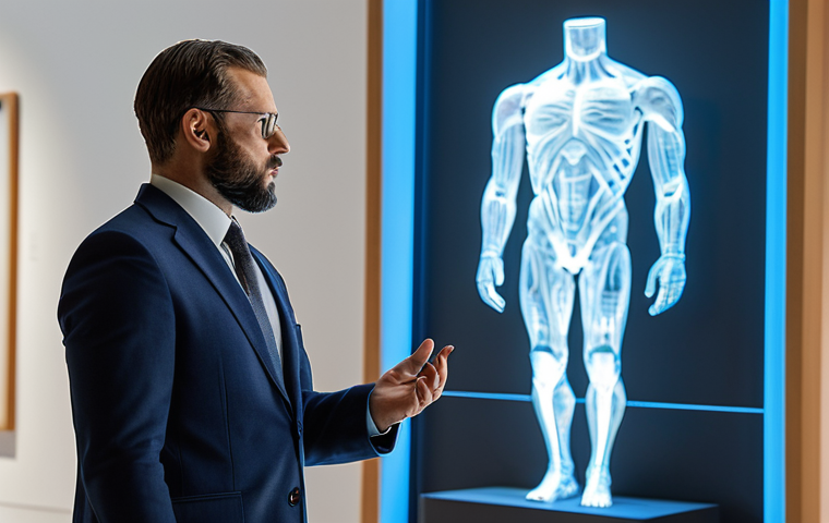 A professional cultural curator, fully clothed in a modern, modest business suit, standing confidently in a brightly lit museum gallery. In the background, interactive digital art installations are visible, with a diverse group of visitors engaging with them, showcasing innovative public engagement. The image emphasizes a forward-thinking approach to art and technology. safe for work, appropriate content, professional, perfect anatomy, correct proportions, natural pose, well-formed hands, proper finger count, natural body proportions, high-quality, ultra-detailed, studio lighting.